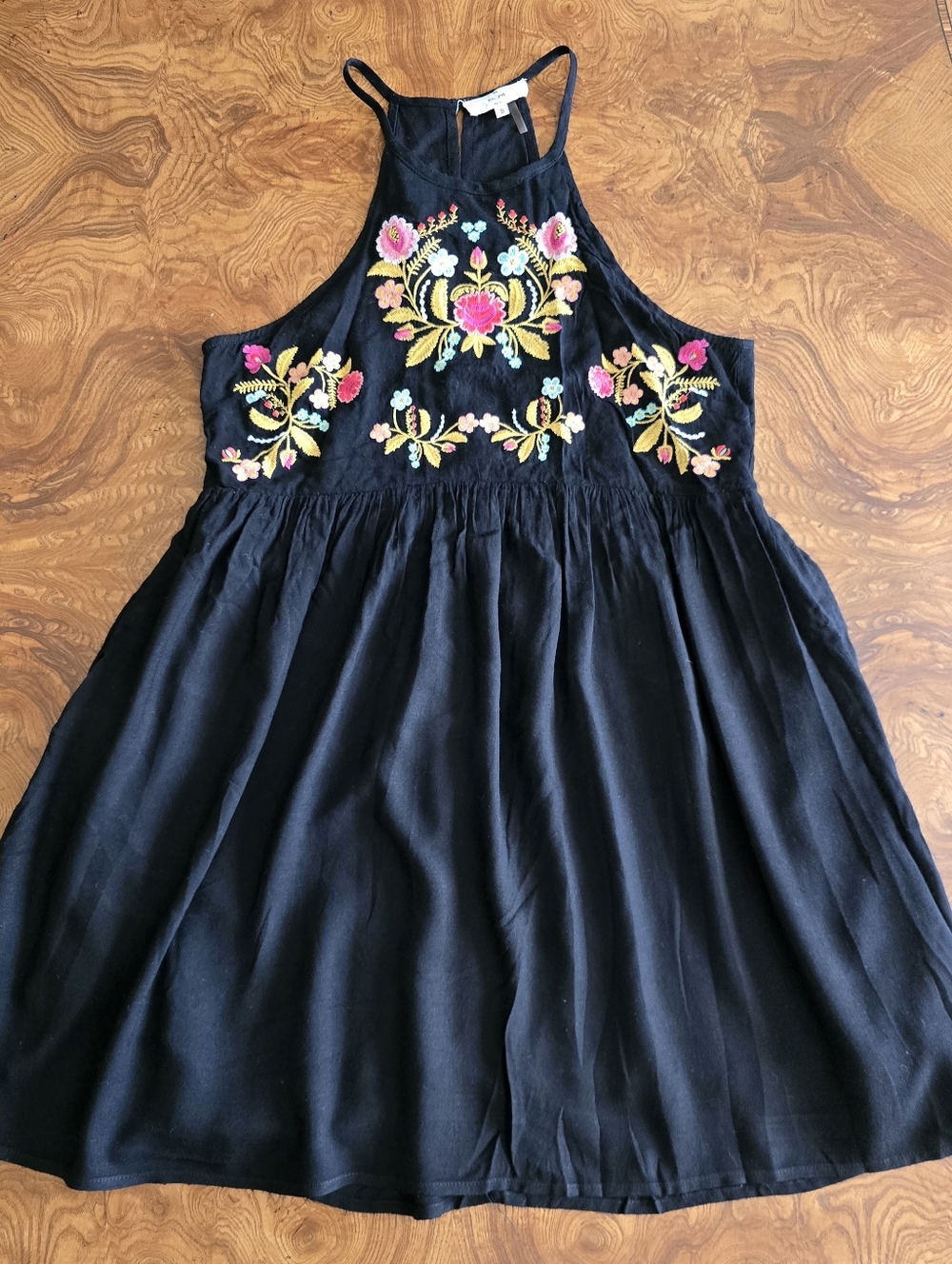 Entro Boho Black Floral Embroidery Babydoll Mini Dress, Womens Small
